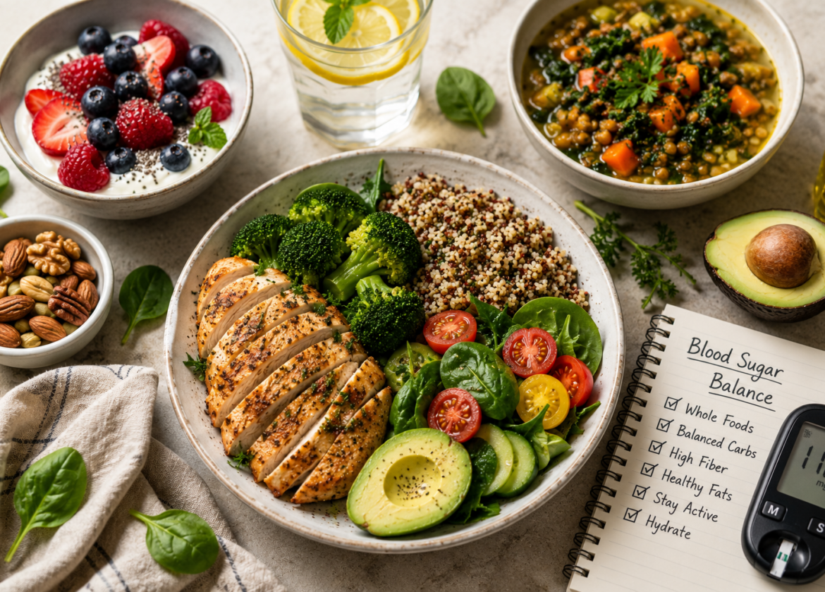 blood sugar friendly meals with balanced carbohydrates, high protein foods, healthy fats, and low sodium ingredients for stable energy and metabolic health