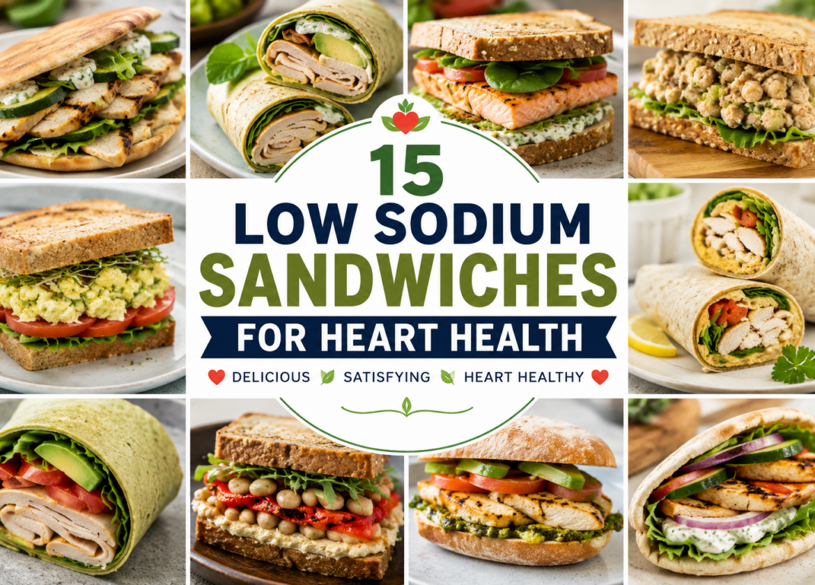 Collection of low sodium sandwiches and wraps including grilled chicken pita, turkey avocado wrap, salmon sandwich, chickpea sandwich, and heart-healthy lunch recipes.
