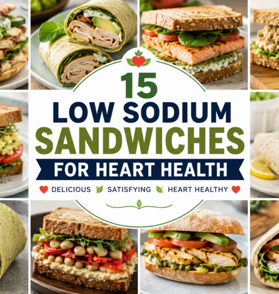 Collection of low sodium sandwiches and wraps including grilled chicken pita, turkey avocado wrap, salmon sandwich, chickpea sandwich, and heart-healthy lunch recipes.