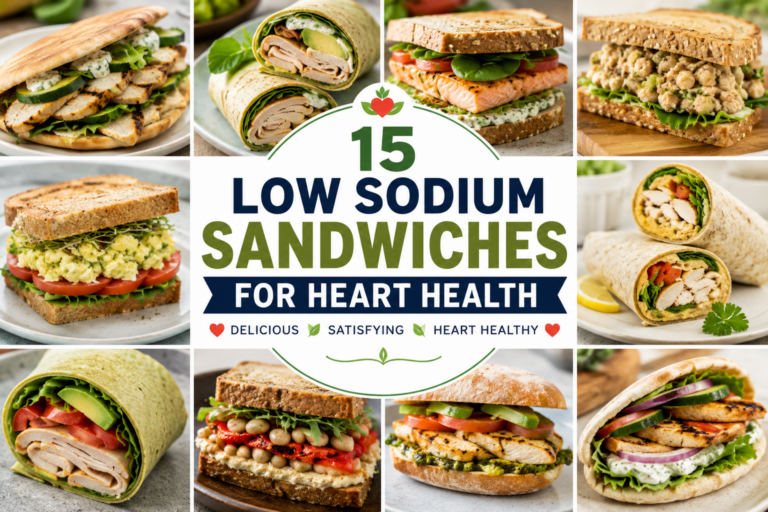 Collection of low sodium sandwiches and wraps including grilled chicken pita, turkey avocado wrap, salmon sandwich, chickpea sandwich, and heart-healthy lunch recipes.