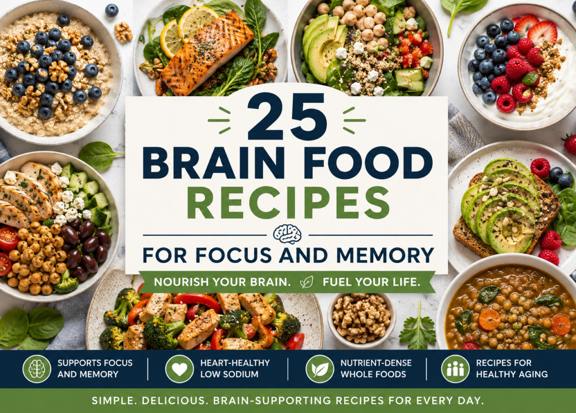 Brain food recipes featuring nutrient-rich ingredients that support memory, focus, mood, and healthy aging.