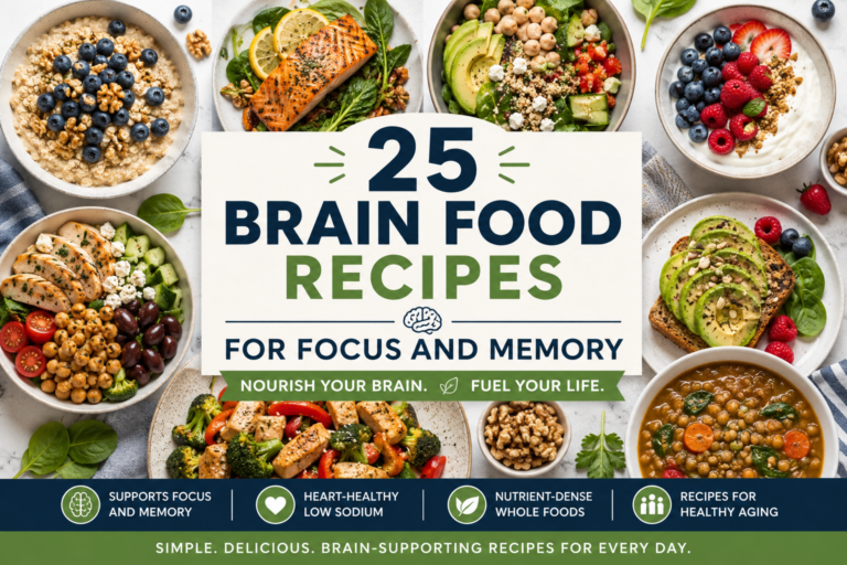 Brain food recipes featuring nutrient-rich ingredients that support memory, focus, mood, and healthy aging.