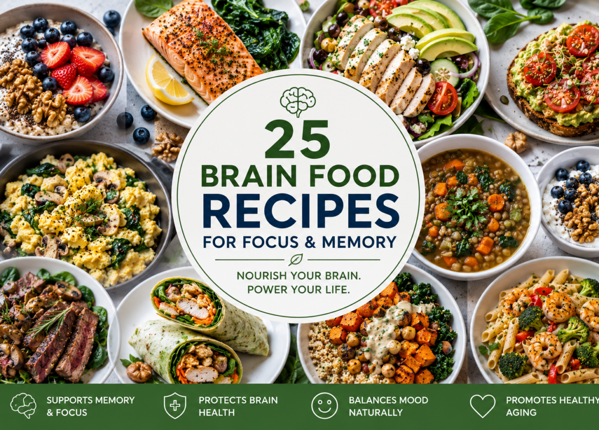 Collection of brain food recipes featuring salmon, berries, walnuts, leafy greens, lean proteins, and nutrient-rich meals that support focus, memory, mood, and healthy aging.
