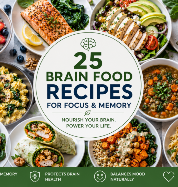 Collection of brain food recipes featuring salmon, berries, walnuts, leafy greens, lean proteins, and nutrient-rich meals that support focus, memory, mood, and healthy aging.