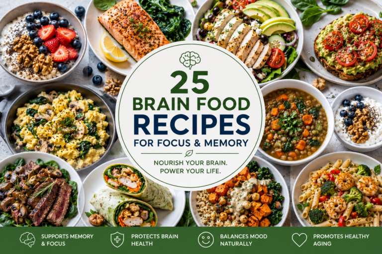 Collection of brain food recipes featuring salmon, berries, walnuts, leafy greens, lean proteins, and nutrient-rich meals that support focus, memory, mood, and healthy aging.