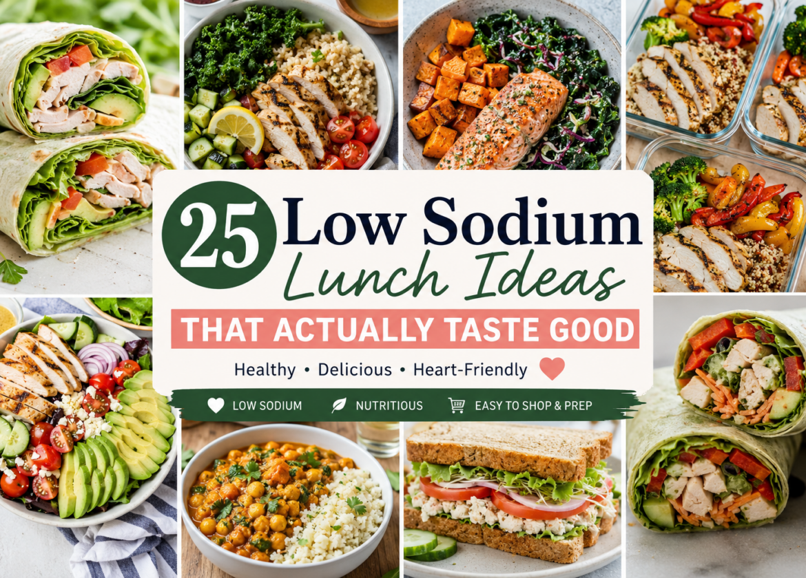Collage of healthy low sodium lunch ideas including chicken wraps, salmon bowls, meal prep containers, salads, sandwiches, and heart-healthy lunch recipes.