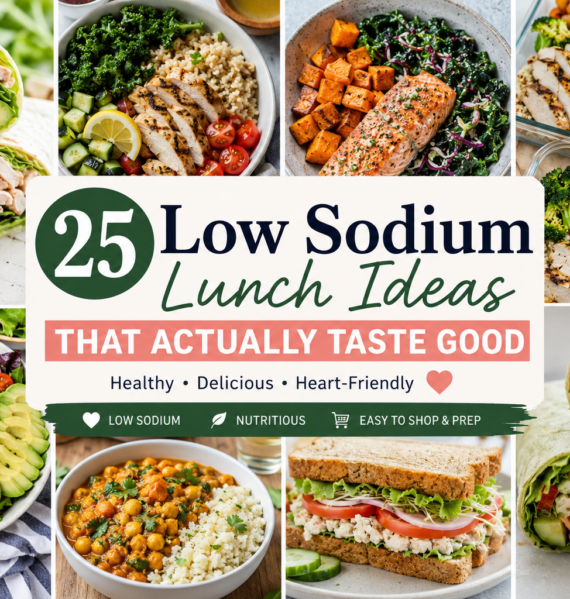 Collage of healthy low sodium lunch ideas including chicken wraps, salmon bowls, meal prep containers, salads, sandwiches, and heart-healthy lunch recipes.