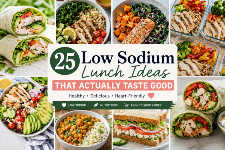 Collage of healthy low sodium lunch ideas including chicken wraps, salmon bowls, meal prep containers, salads, sandwiches, and heart-healthy lunch recipes.