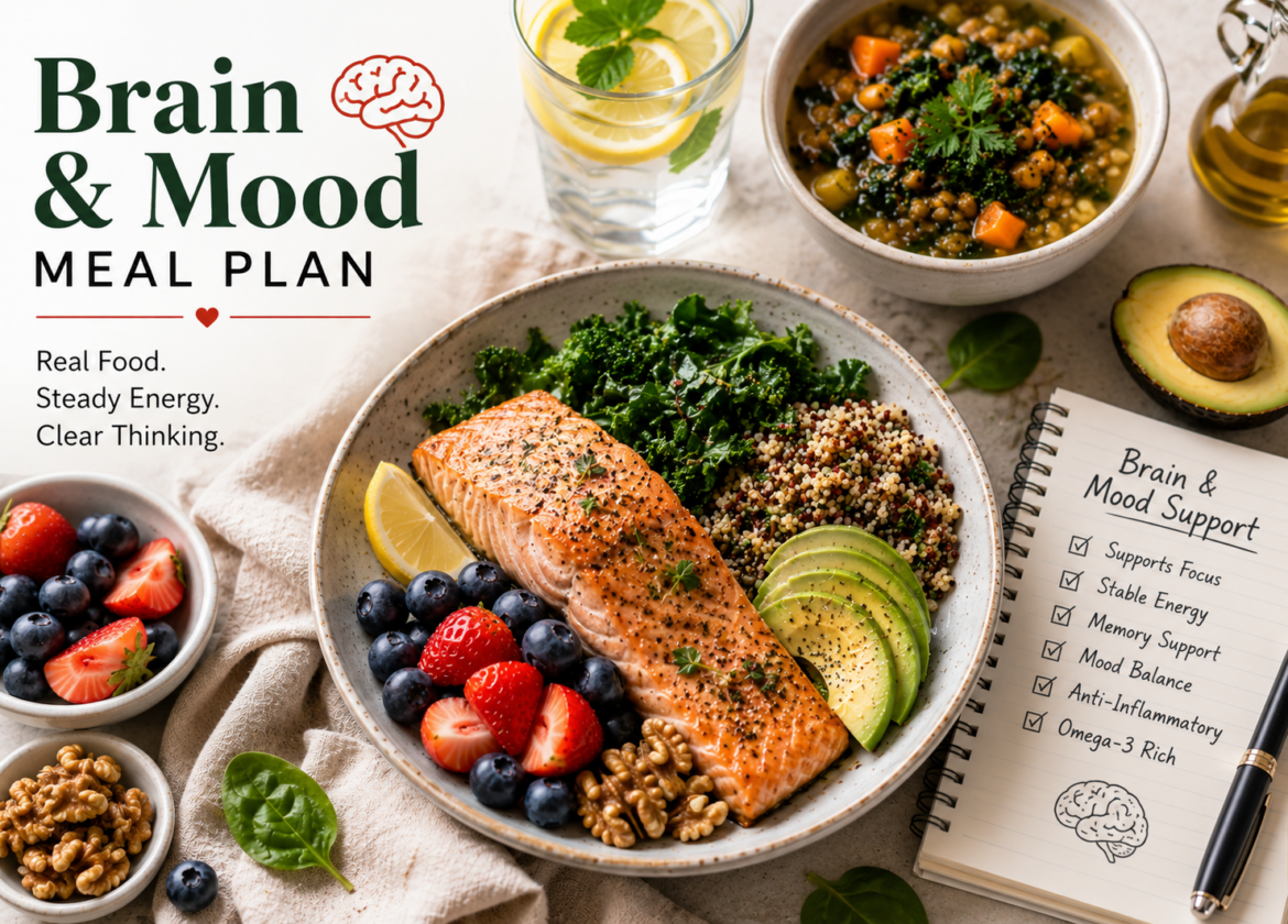brain healthy meal with salmon, avocado, blueberries, walnuts, leafy greens, and balanced carbohydrates designed to support focus, memory, stable energy, and mood balance