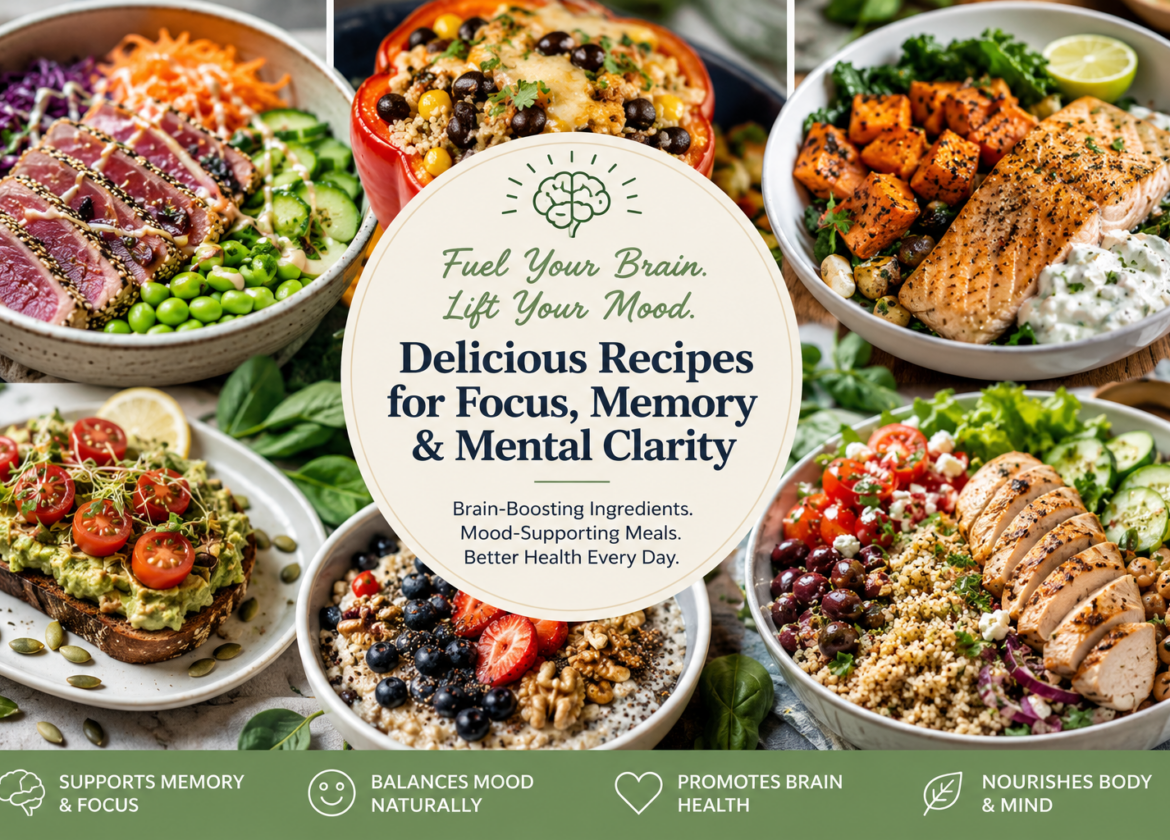 Brain food recipes featuring salmon, berries, walnuts, avocado, lean proteins, and nutrient-rich meals that support focus, memory, mood, and healthy aging.