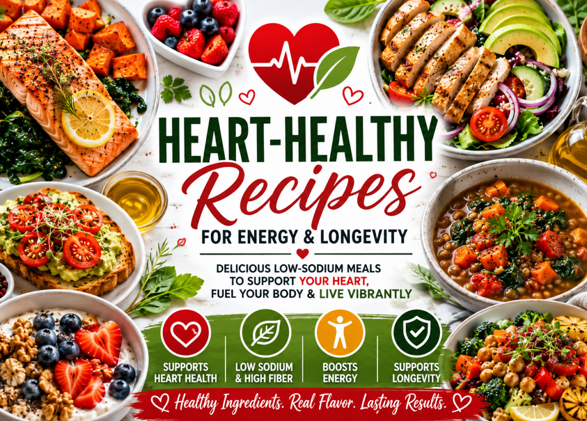 Heart-healthy recipes featuring salmon, vegetables, whole grains, berries, and low-sodium meals for cardiovascular health and healthy aging