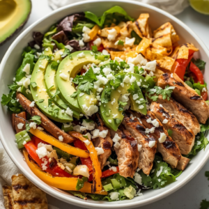 Grilled Chicken Fajita Salad with Cilantro Lime Dressing topped with grilled peppers, avocado, cotija cheese, and crispy tortilla strips.