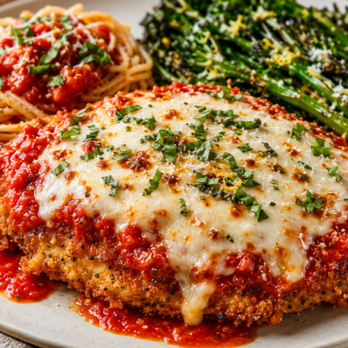 Healthy Chicken Parmesan with homemade marinara, melted mozzarella, whole wheat spaghetti, and roasted garlic broccolini.