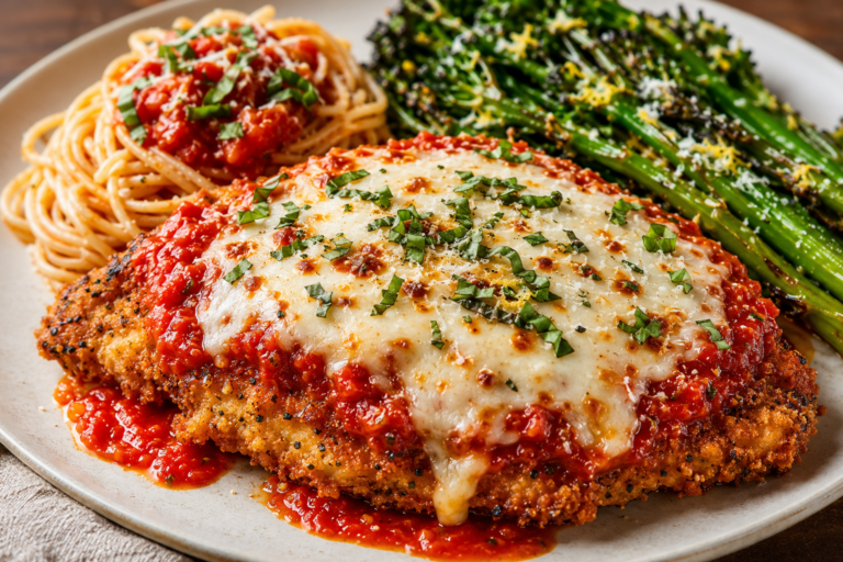 Healthy Chicken Parmesan with homemade marinara, melted mozzarella, whole wheat spaghetti, and roasted garlic broccolini.