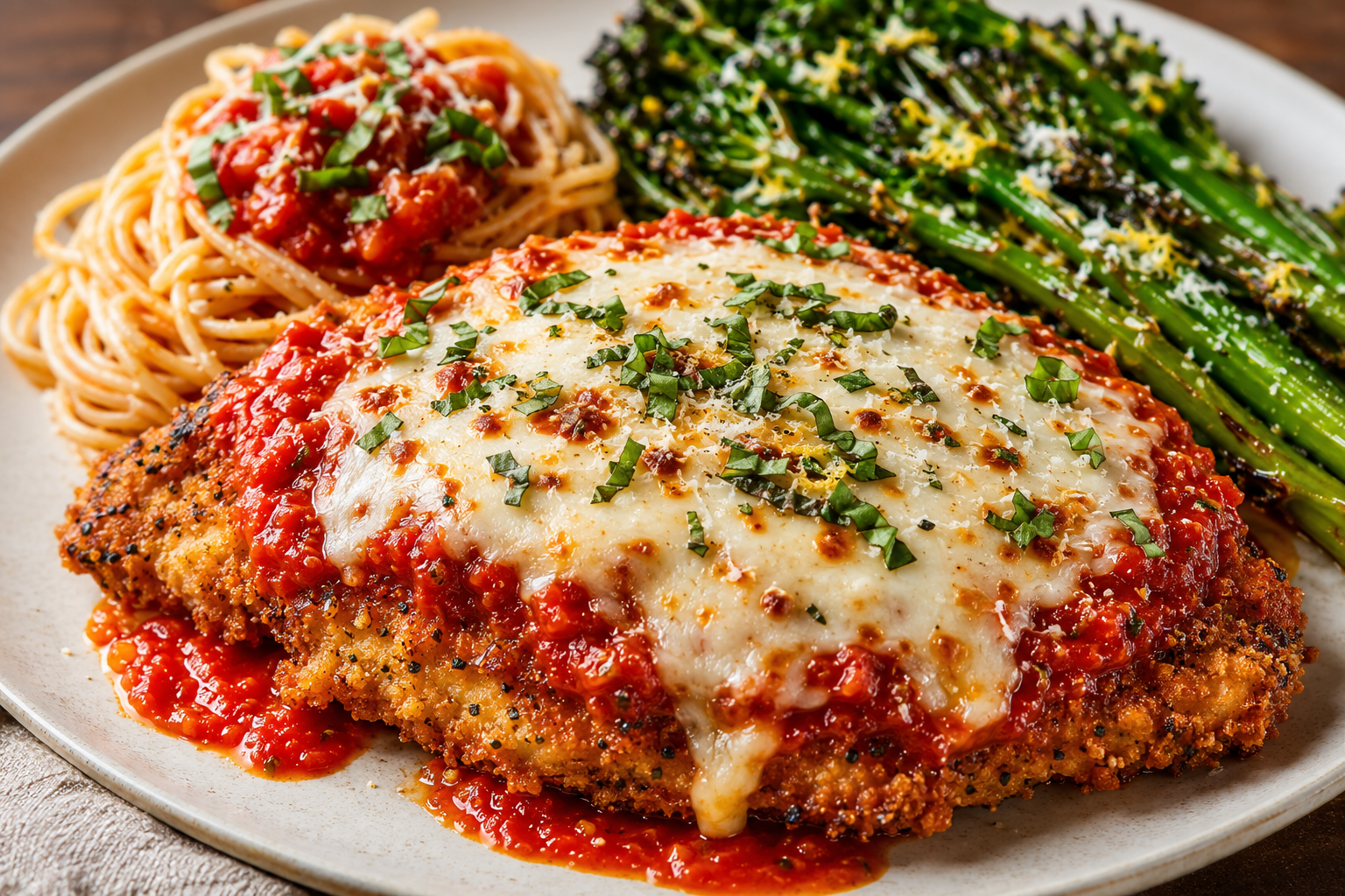 Healthy Chicken Parmesan with homemade marinara, melted mozzarella, whole wheat spaghetti, and roasted garlic broccolini.
