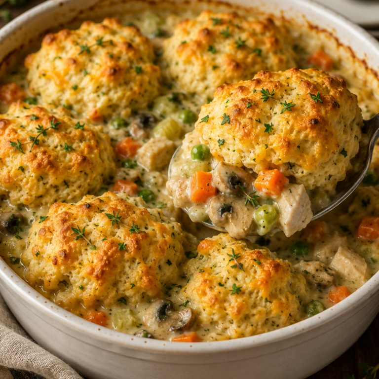 Healthy Chicken Pot Pie with golden herb cheddar biscuits baked over a creamy chicken and vegetable filling in a white casserole dish.