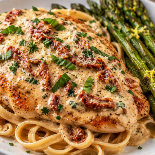 Healthy Marry Me Chicken with creamy garlic Parmesan sauce, whole wheat fettuccine, and roasted asparagus