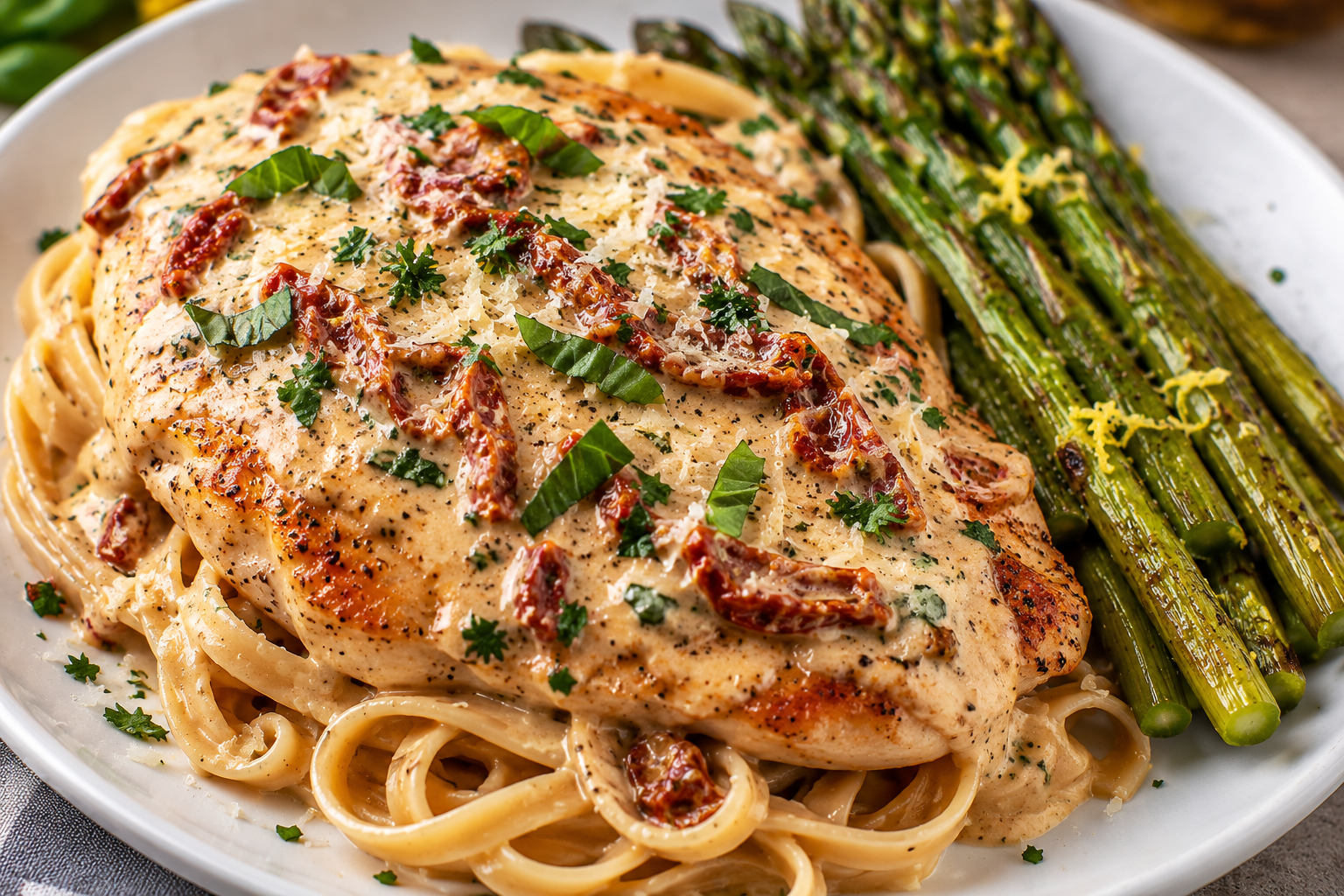 Healthy Marry Me Chicken with creamy garlic Parmesan sauce, whole wheat fettuccine, and roasted asparagus