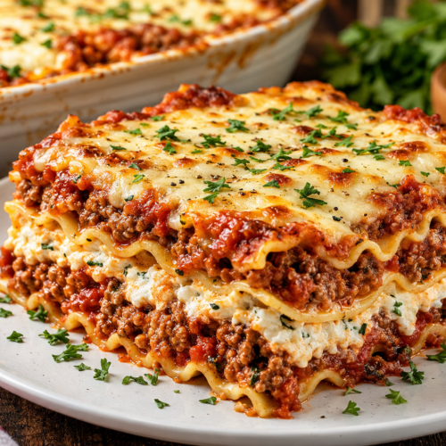 Healthy Million Dollar Lasagna with layers of whole wheat pasta, Italian herb meat sauce, creamy three-cheese filling, melted mozzarella, and fresh basil.