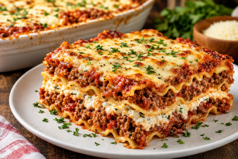 Healthy Million Dollar Lasagna with layers of whole wheat pasta, Italian herb meat sauce, creamy three-cheese filling, melted mozzarella, and fresh basil.
