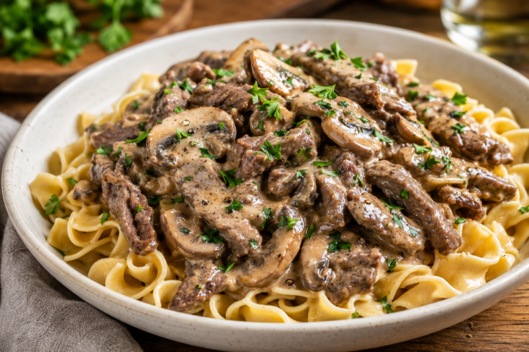 Healthy Beef Stroganoff with mushrooms and egg noodles