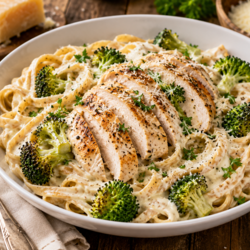 Healthy Chicken Alfredo with grilled chicken, whole wheat fettuccine, roasted broccoli, and creamy garlic Parmesan Alfredo sauce.