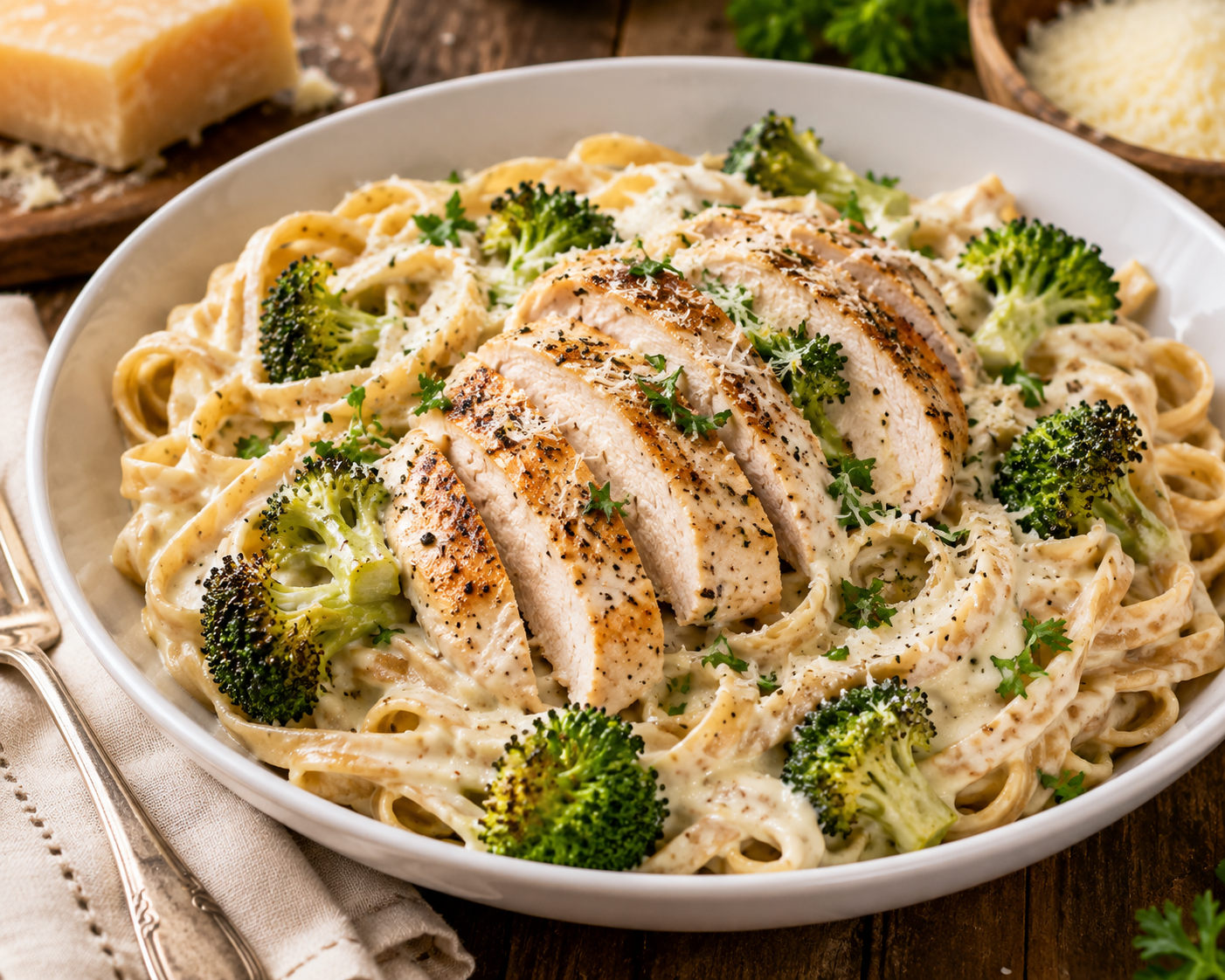 Healthy Chicken Alfredo with grilled chicken, whole wheat fettuccine, roasted broccoli, and creamy garlic Parmesan Alfredo sauce.