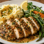 Herb-Crusted Chicken with Roasted Garlic Whipped Potatoes, Charred Lemon Green Beans & Browned Shallot Pan Sauce