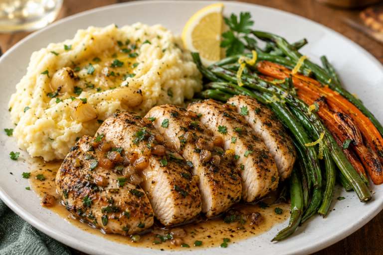 Herb-crusted chicken with browned shallot pan sauce, roasted garlic whipped potatoes, and charred lemon green beans