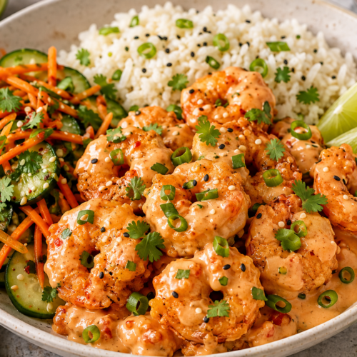 Bang Bang Shrimp with rice and crunchy cucumber carrot salad