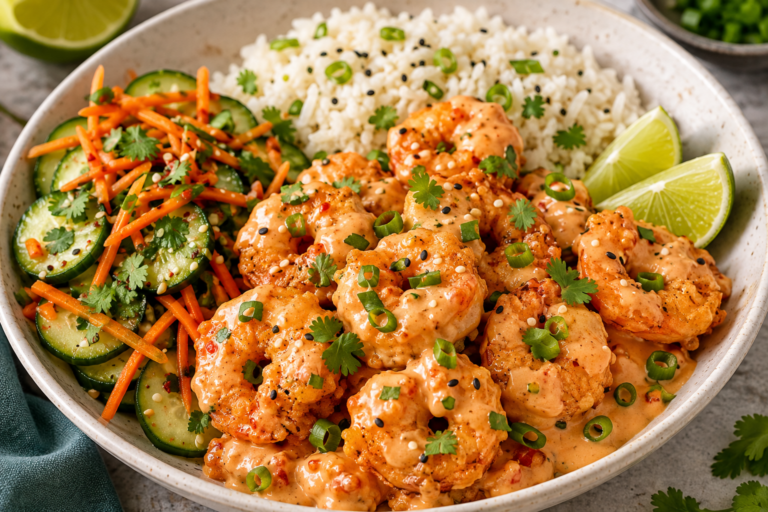 Bang Bang Shrimp with rice and crunchy cucumber carrot salad