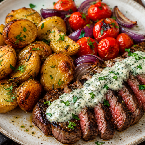 Balsamic steak with crispy potatoes, burst tomatoes and herby yogurt sauce
