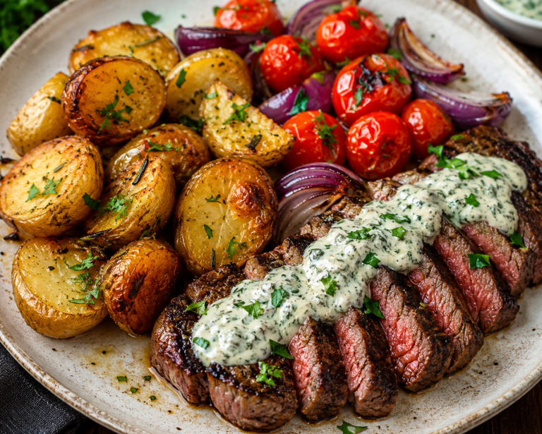 Balsamic steak with crispy potatoes, burst tomatoes and herby yogurt sauce